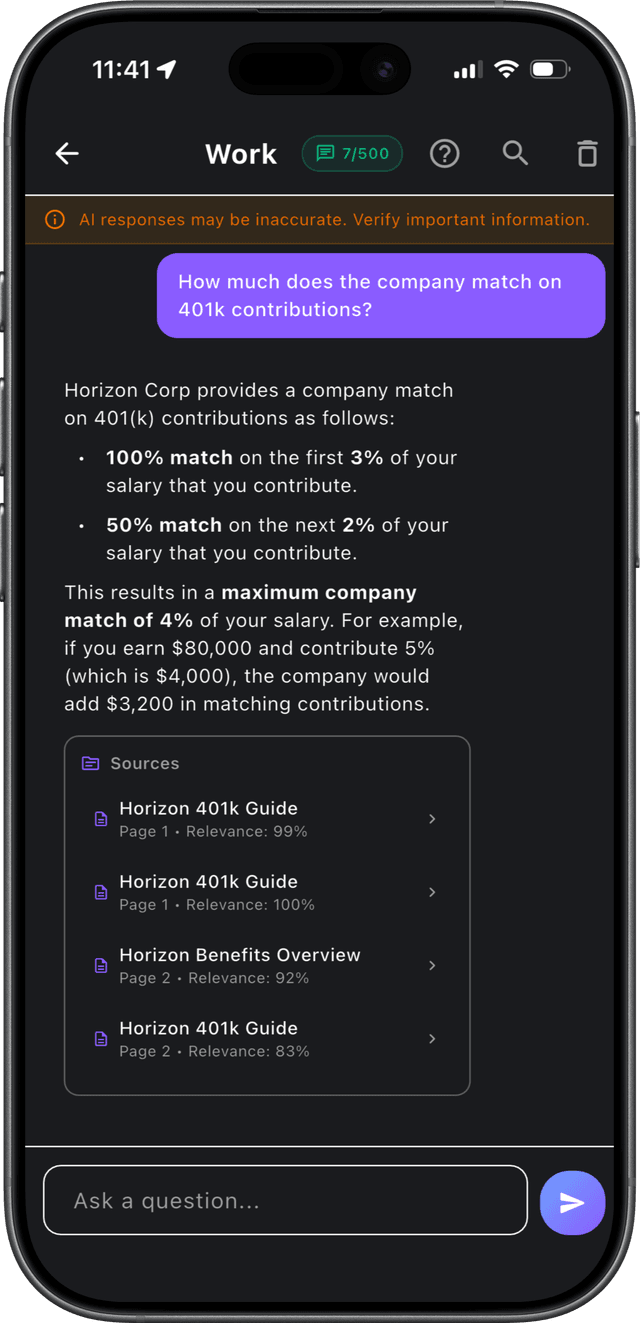 DocuFeed app showing AI-powered document Q&A