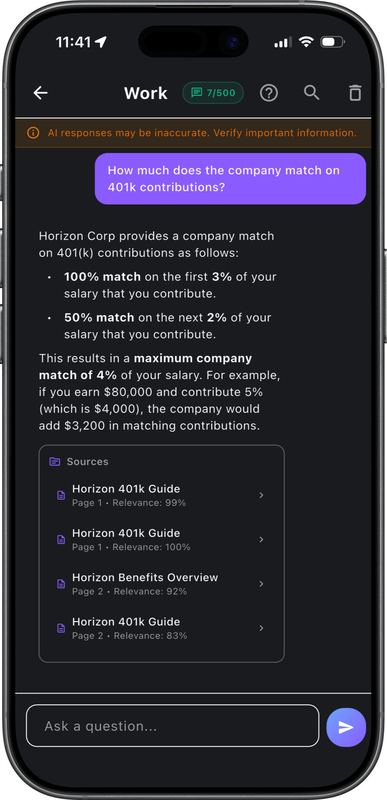 DocuFeed app screenshot showing AI-powered document Q&A